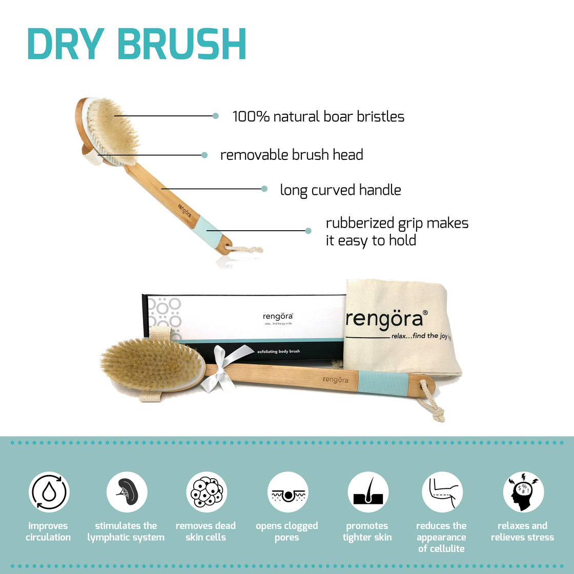 Comprehensive details about the product include a rengora brush head composed of 100% natural boar bristle, a removable brush head, a long curved handle, and rubberized grips for comfortable handling. Using this brush provides several benefits, such as enhancing circulation, stimulating the lymphatic system, exfoliating dead skin cells, unclogging pores, promoting firmer skin, reducing the appearance of cellulite, and inducing relaxation and stress relief