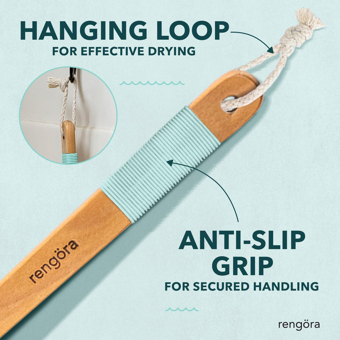 Close-up of Rengöra exfoliating body brush handle showing anti-slip grip and hanging loop for easy drying