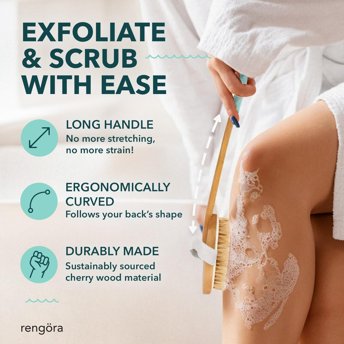Woman using long-handled exfoliating body brush with ergonomic design and sustainable wood while scrubbing leg