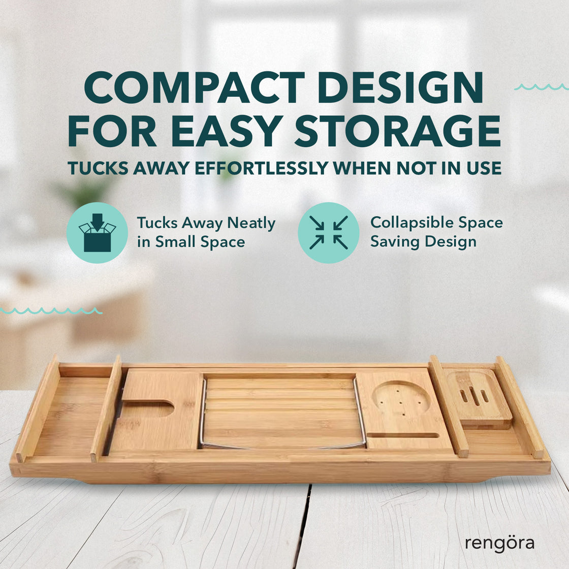 A bamboo bath caddy with a compact, collapsible design, neatly displayed on a table against a minimalist background, emphasizing easy storage and space-saving features.