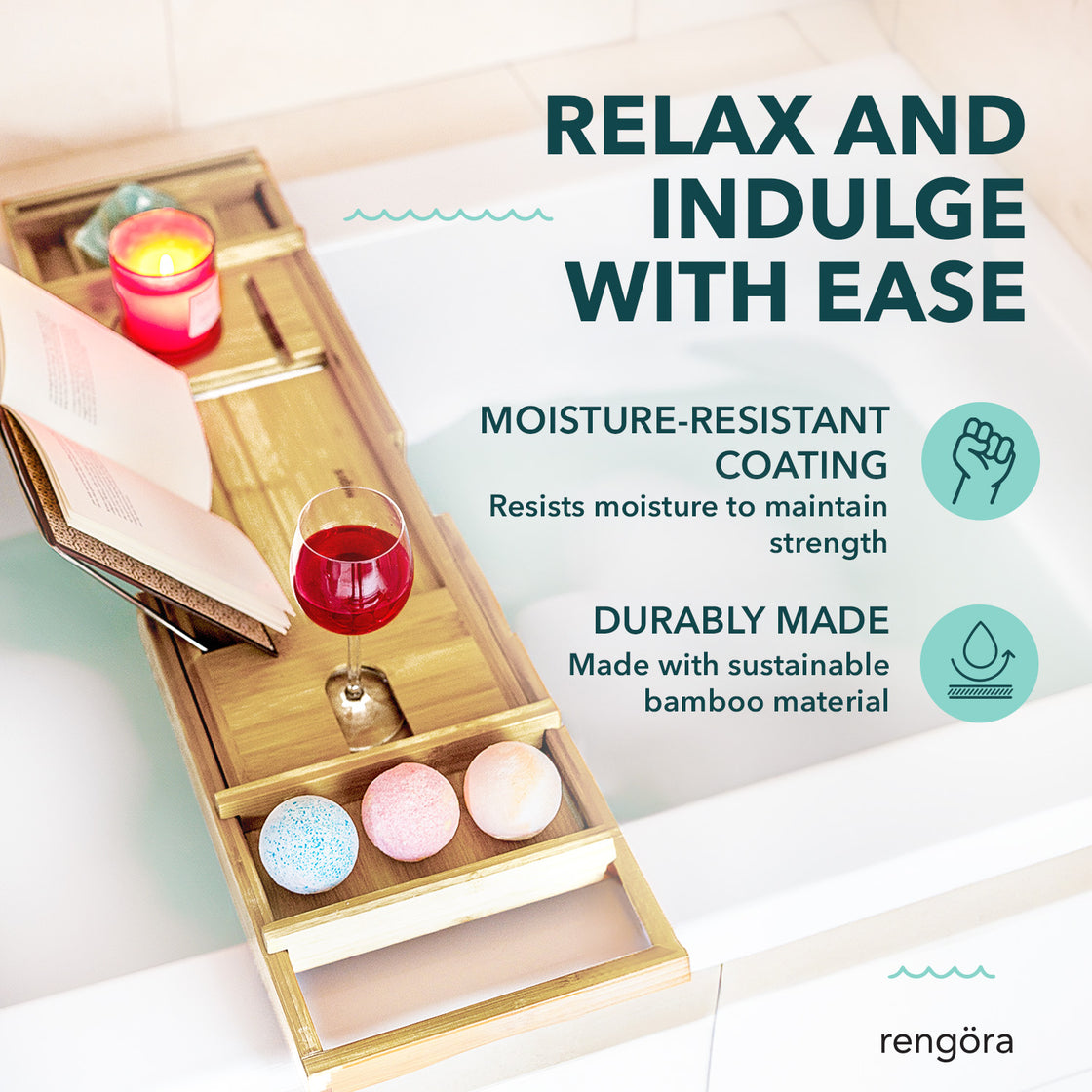 A bamboo bath caddy in use over a bathtub, holding a book, a glass of red wine, and bath bombs, demonstrating its moisture-resistant coating and sustainable bamboo construction.