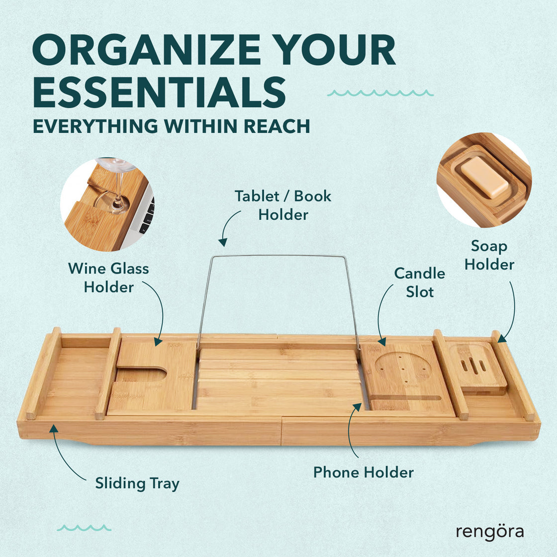 A detailed shot of the bamboo bath caddy’s compartments, including a wine glass holder, book or tablet slot, candle slot, soap holder, and phone holder, emphasizing its organizational features.