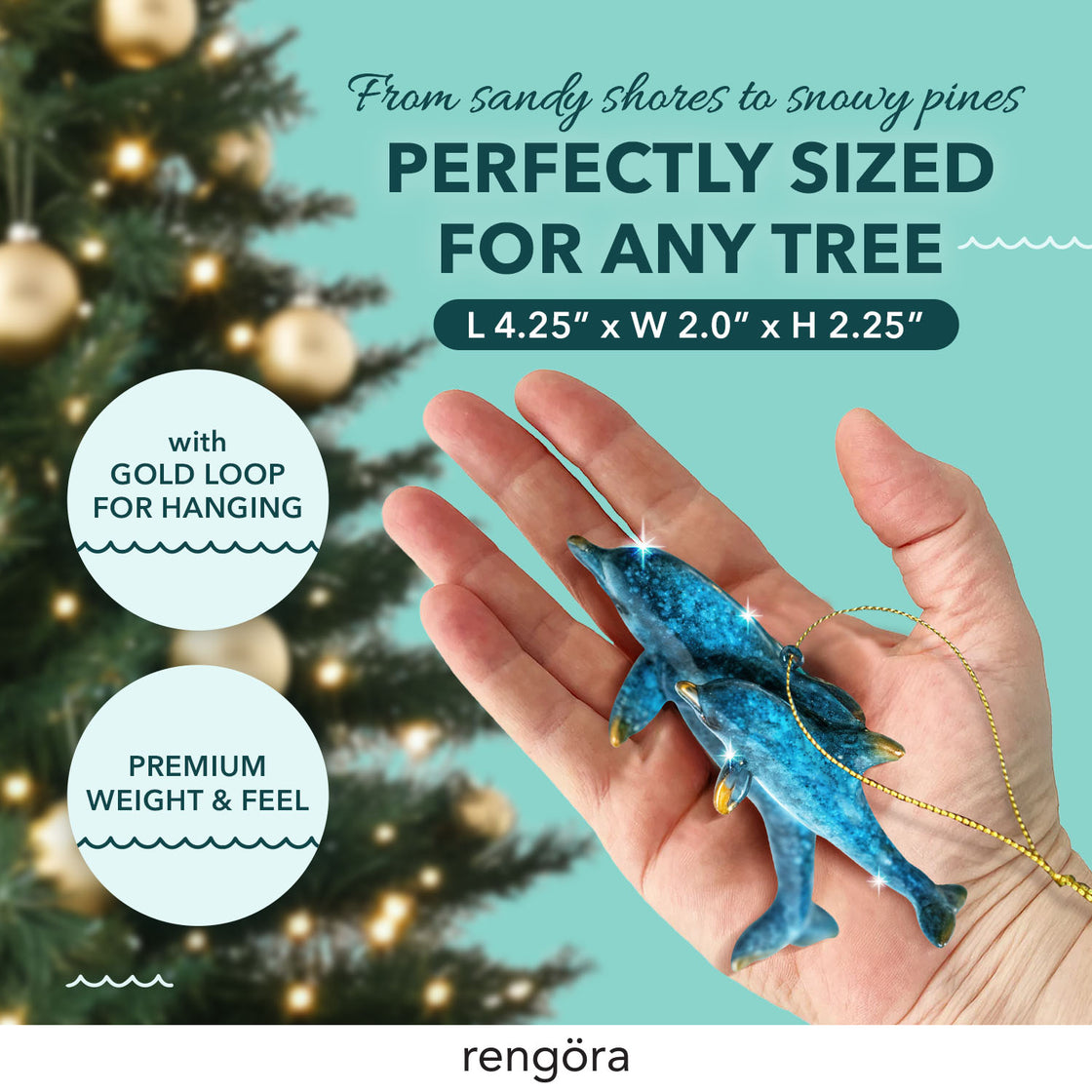 Hand Painted Blue Dolphins christmas ornament with gold loop