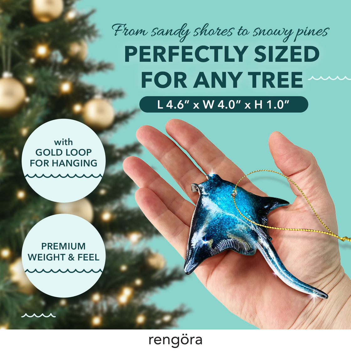 A ceramic manta ray ornament with a golden loop for hanging, showcased in a hand with a decorated Christmas tree in the blurred background and text highlighting its premium size and feel.