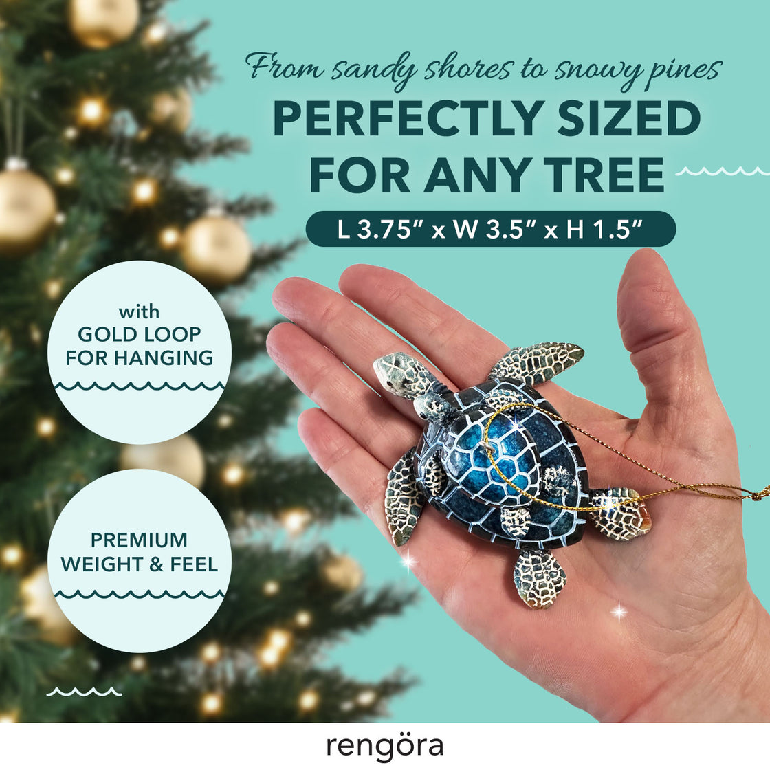 A person’s hand cradles the sea turtle ornament, highlighting its size and intricately painted teal-blue shell. The smaller turtle is perched on the main shell, while a festive tree with golden ornaments glows in the background.