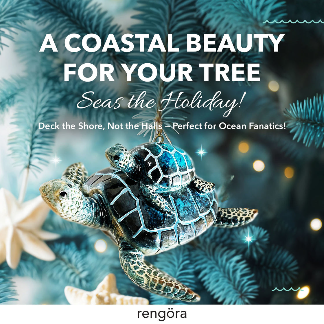 A mother-and-child sea turtle ornament, rendered in vibrant teal and deep blue tones, hangs from a Christmas tree branch.
