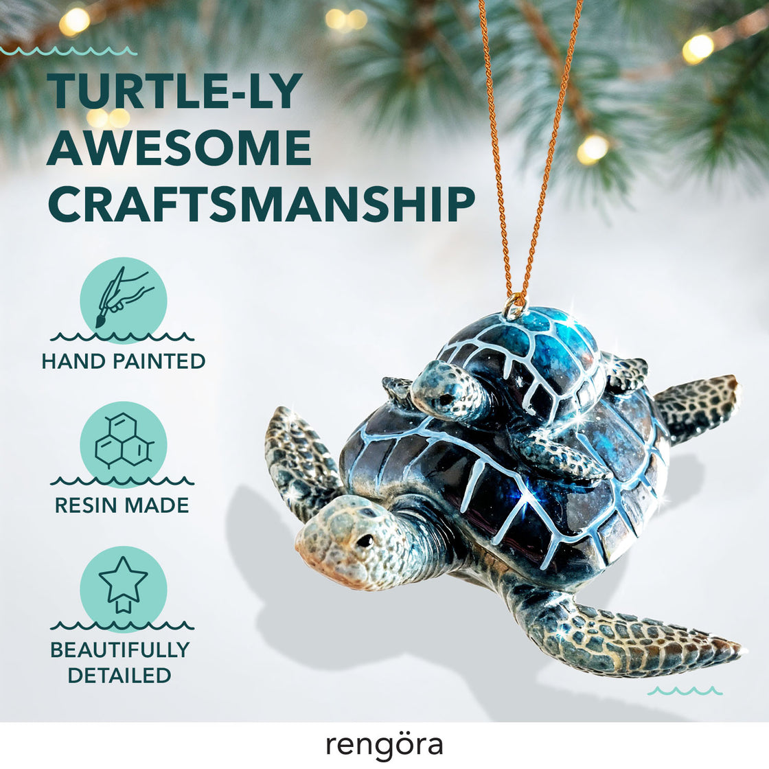 A close-up of the sea turtle ornament, suspended by a thin gold cord.
