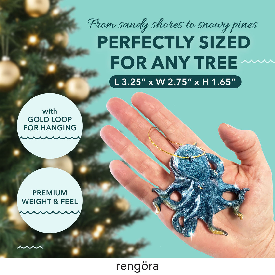 A ceramic octopus ornament with a golden loop for hanging, showcased in a hand with a decorated Christmas tree in the blurred background and text highlighting its premium size and feel.