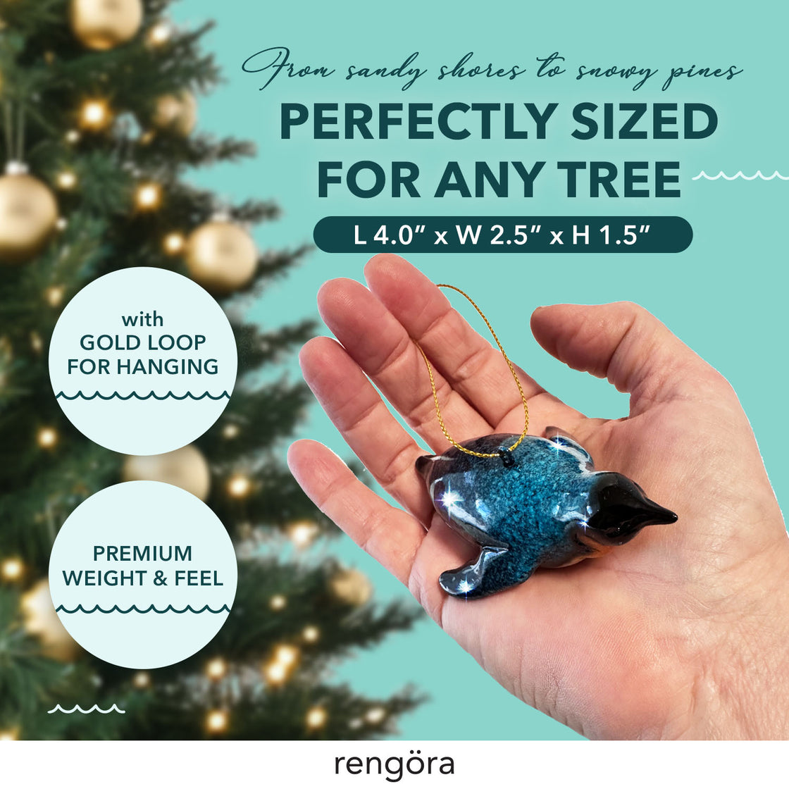 A ceramic penguin ornament with a golden loop for hanging, showcased in a hand with a decorated Christmas tree in the blurred background and text highlighting its premium size and feel.
