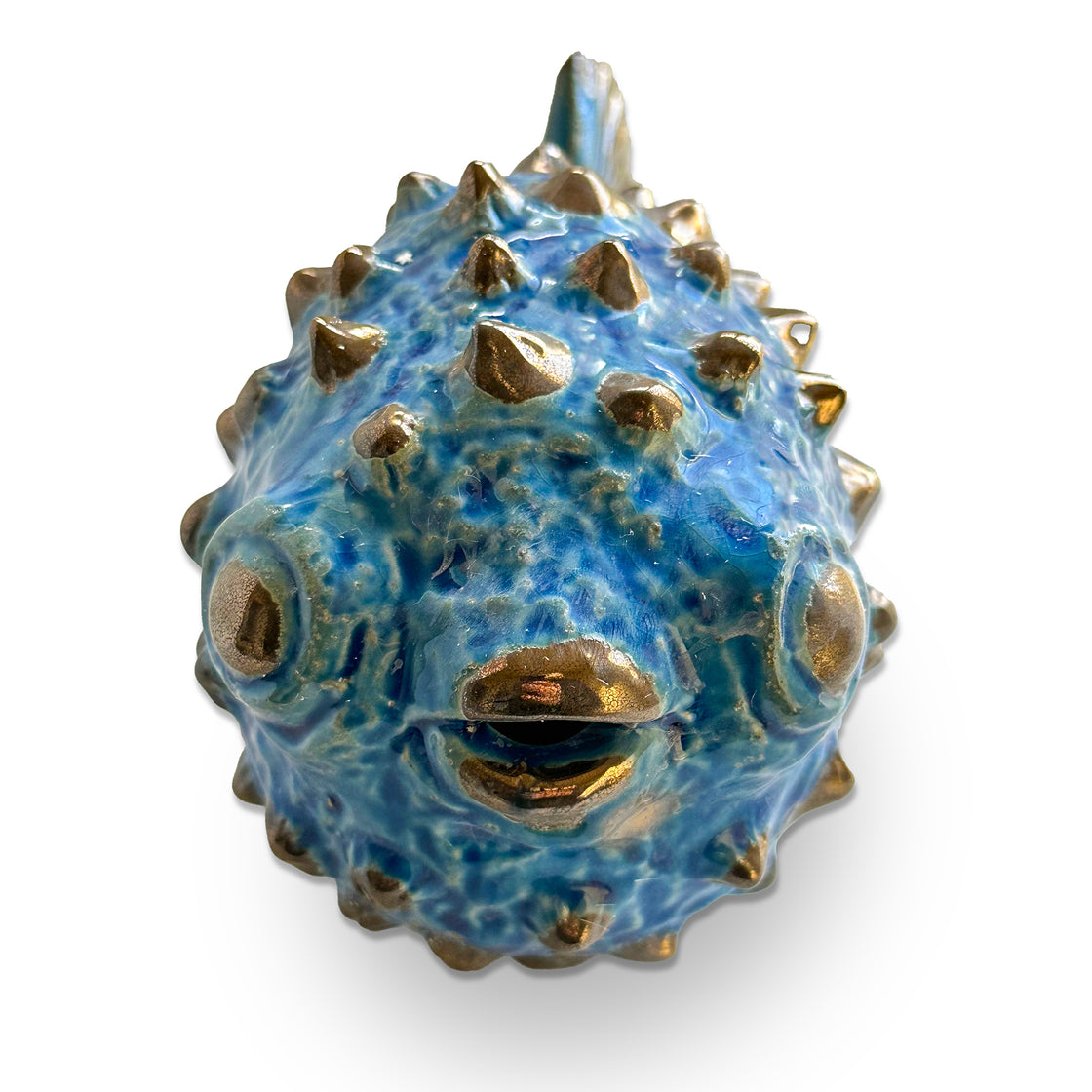 deep royal blue and gold ceramic pufferfish - great ocean-inspired beach décor by rengöra