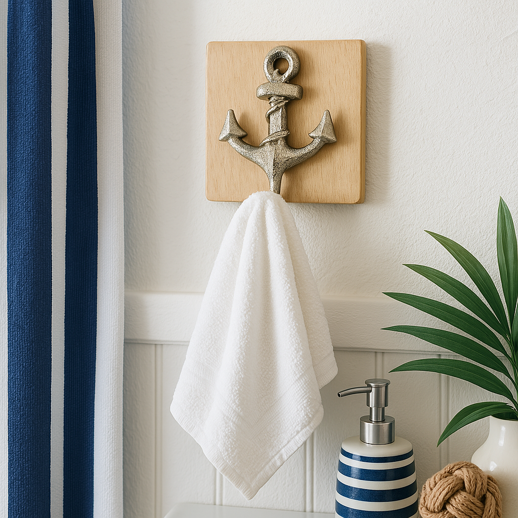 Nautical anchor hook holding a white towel in a striped navy and white bathroom setup.