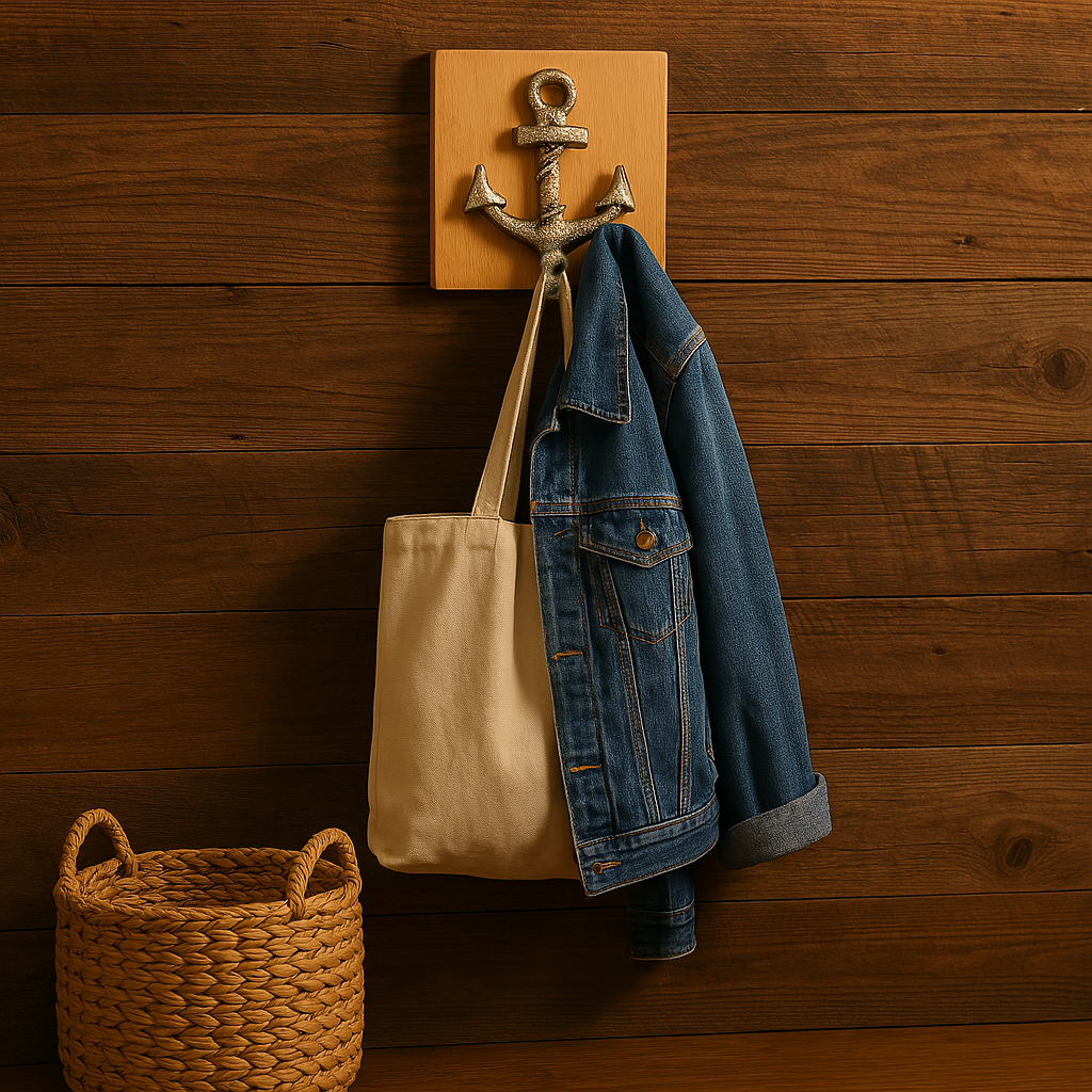 Anchor wall hook holding a denim jacket and canvas tote bag on a wood-paneled wall.