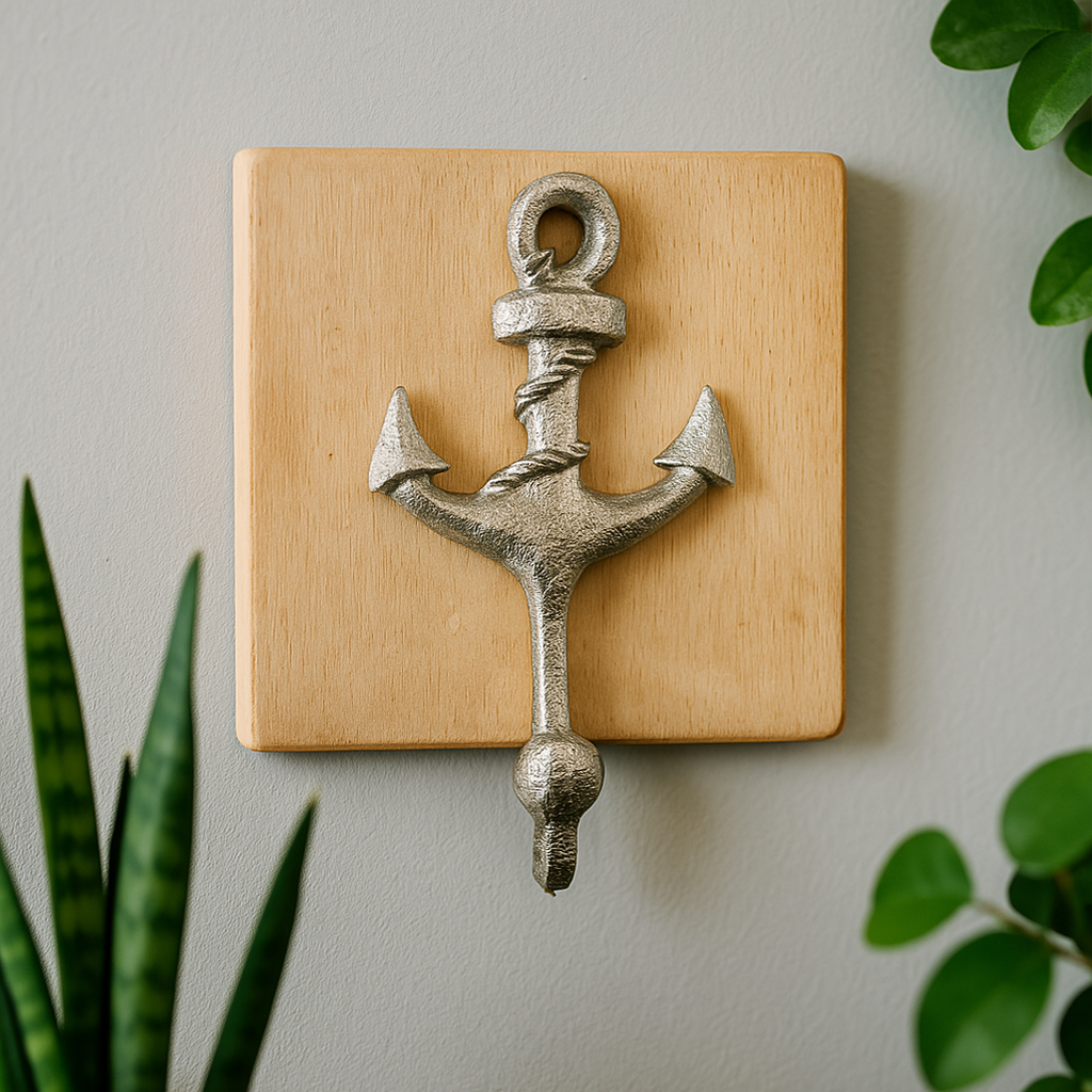 Close-up of a metal anchor wall hook on a light wooden plaque, surrounded by green houseplants.
