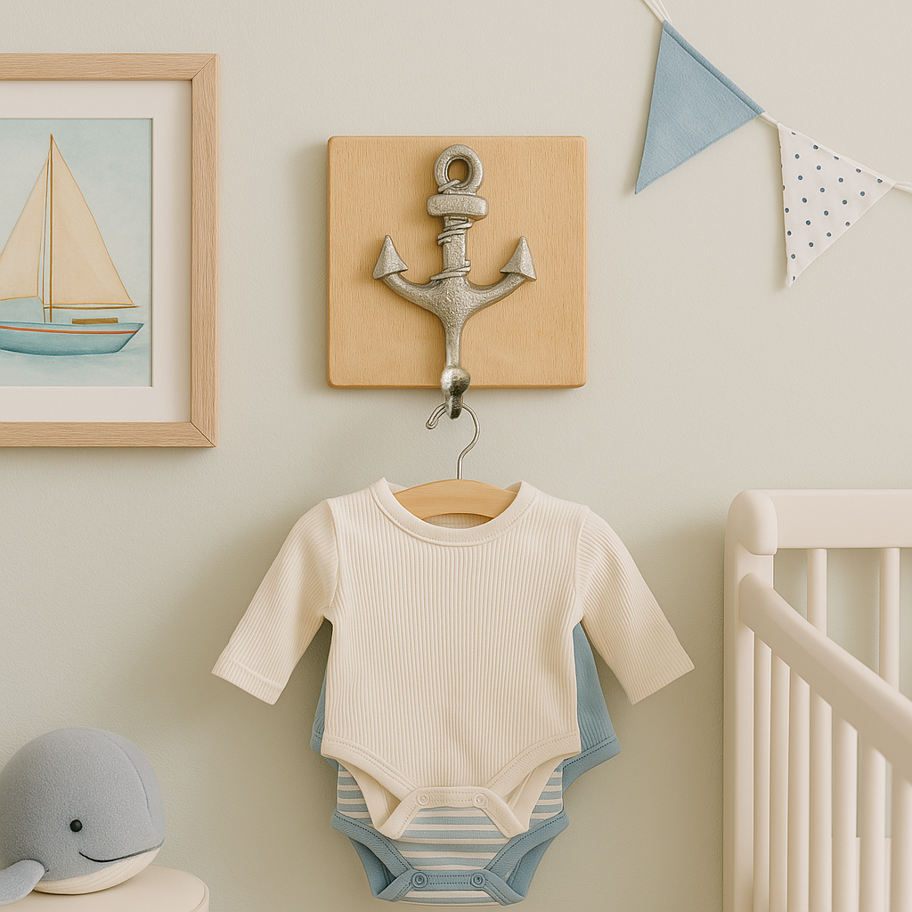 Anchor hook mounted on the wall, holding a baby onesie in a nautical-themed nursery.
