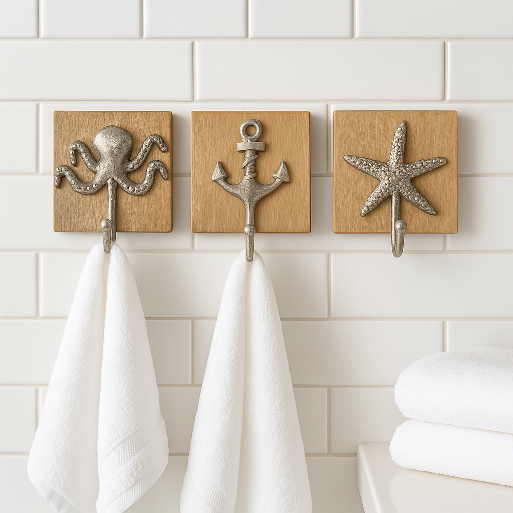 Three wall hooks with octopus, anchor, and starfish motifs holding white towels in a white tiled bathroom.