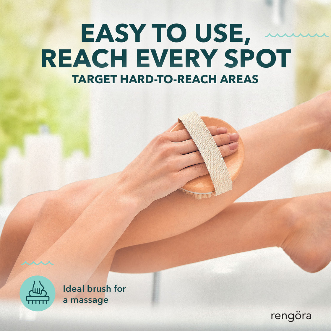 Person using Rengöra dry brush on legs; text promotes ease of use and versatility for massaging hard-to-reach areas.