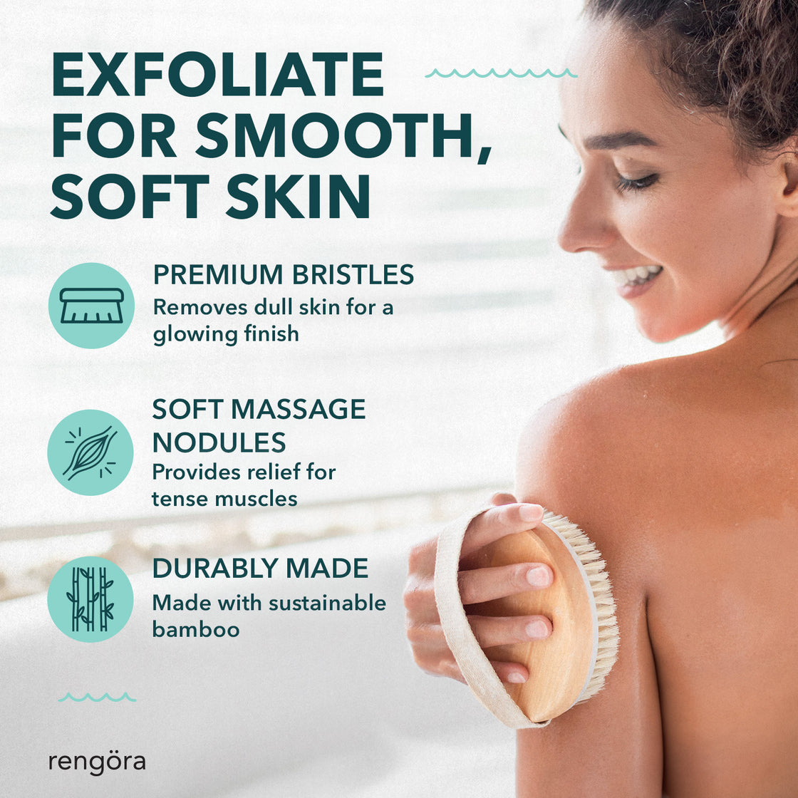 Woman exfoliating shoulder with Rengöra dry brush; infographic highlights premium bristles, soft massage nodes, and sustainable bamboo for smooth, glowing skin.