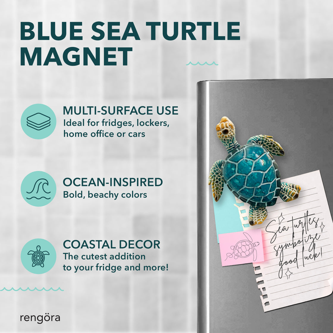 Blue sea turtle magnet displayed on a refrigerator holding a layered note stack, with callouts for multi-surface use, bold ocean-inspired colors, and coastal decor style.