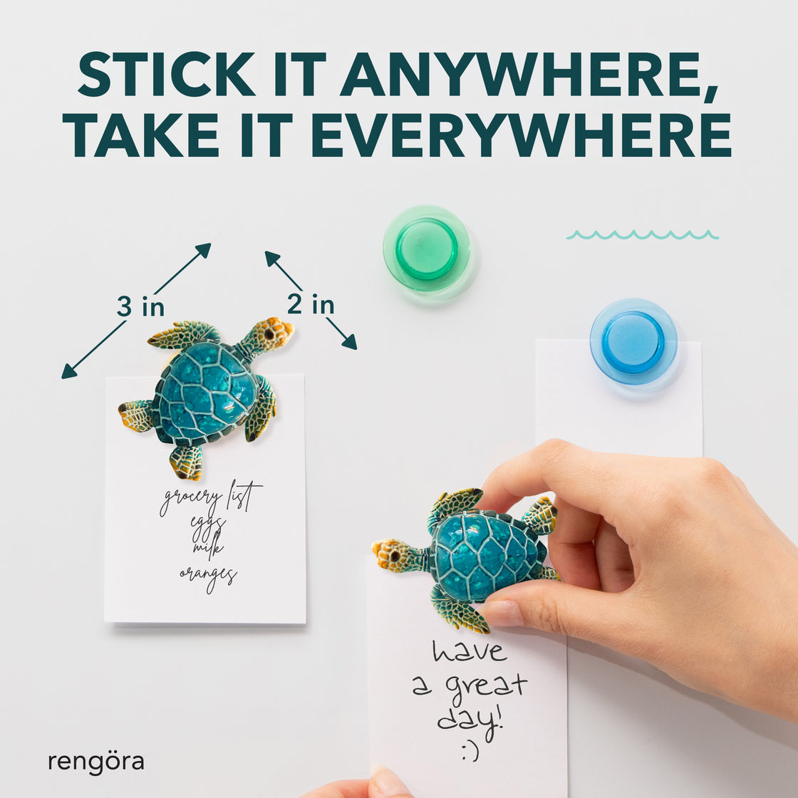 Two blue sea turtle magnets holding notes on a white surface, with size dimensions labeled as 3 inches by 2 inches, and the phrase “Stick It Anywhere, Take It Everywhere.