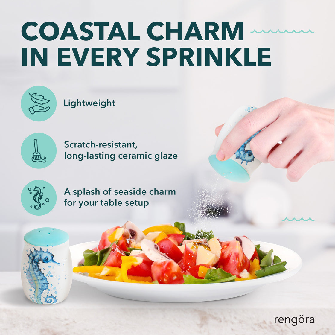 Seahorse shaker being used to sprinkle seasoning over a fresh salad, alongside icons describing it as lightweight, scratch-resistant, and adding coastal charm to table settings.