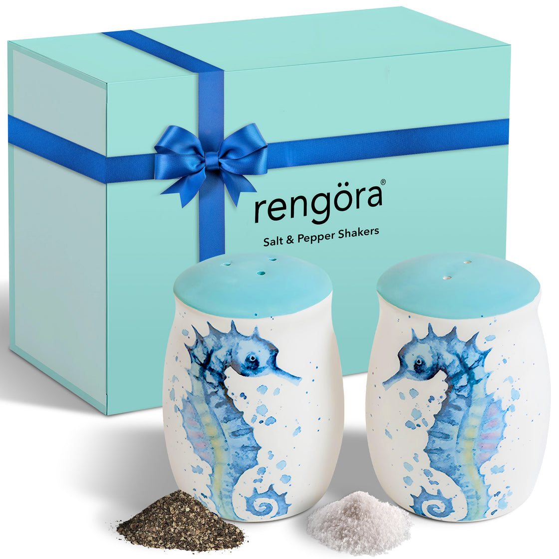 Pair of ceramic salt and pepper shakers featuring watercolor-style blue seahorses with a light aqua gift box and bow in the background; salt and pepper are sprinkled in front.