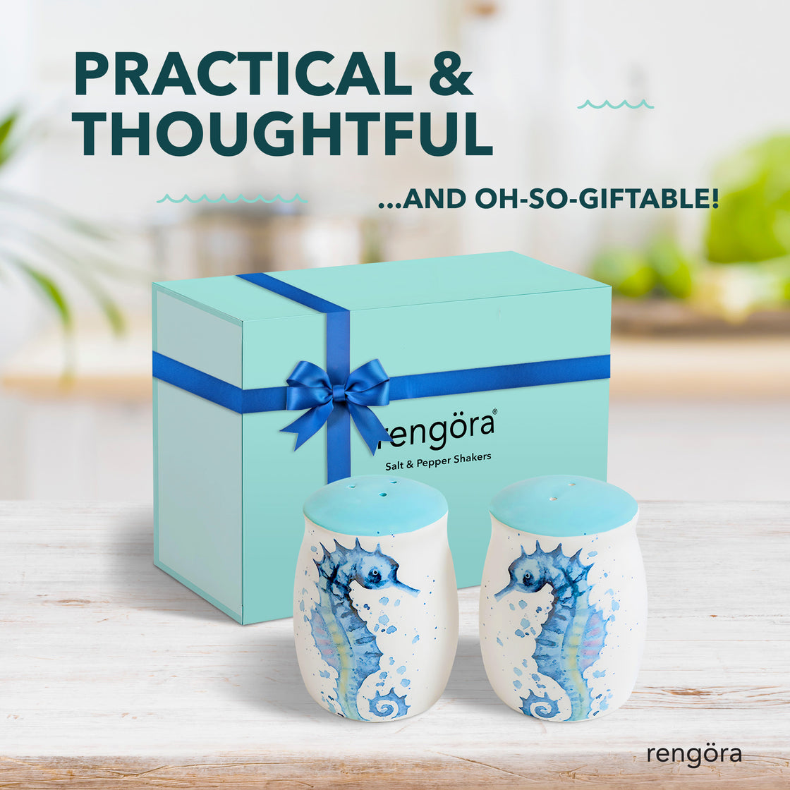 Seahorse shakers paired with a blue ribbon-wrapped gift box labeled “Rengöra Salt & Pepper Shakers,” set on a wooden surface in a bright, inviting kitchen, with the phrase “Practical & Thoughtful… and Oh-So-Giftable!