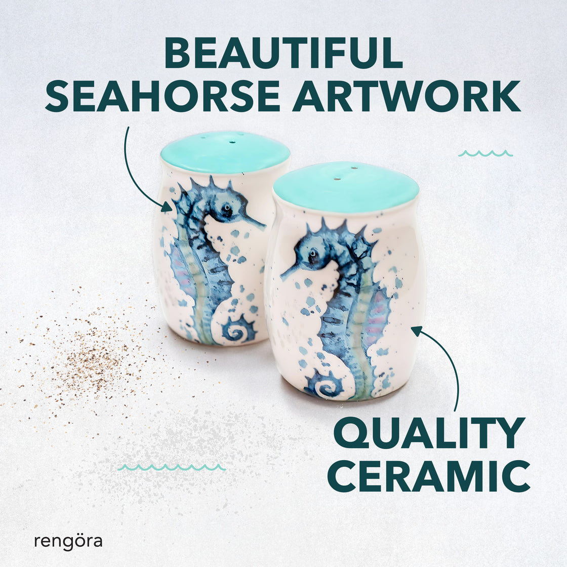 Close-up of the seahorse salt and pepper shakers labeled with callouts for “Beautiful Seahorse Artwork” and “Quality Ceramic,” surrounded by loose pepper on a soft background.