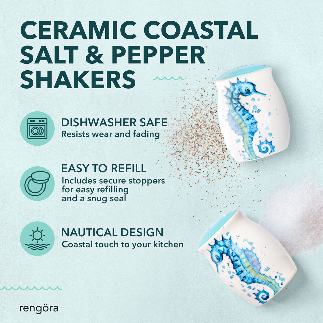 Two ceramic shakers lying down with salt and pepper scattered nearby, featuring benefits like “Dishwasher Safe,” “Easy to Refill,” and “Nautical Design.