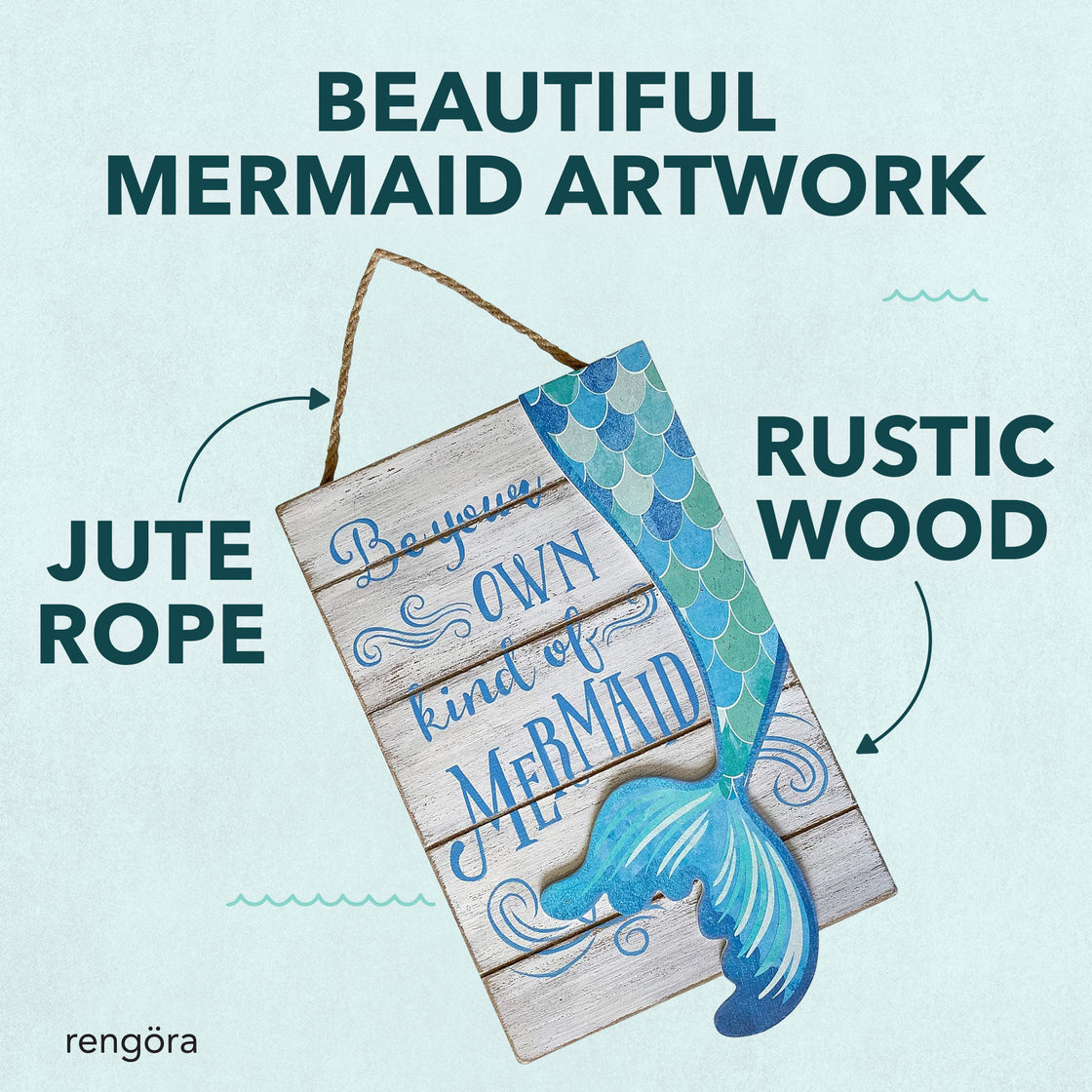 Wooden mermaid sign featuring rustic distressed wood and vibrant tail illustration, with arrows pointing to its jute rope hanger and “Beautiful Mermaid Artwork” headline.