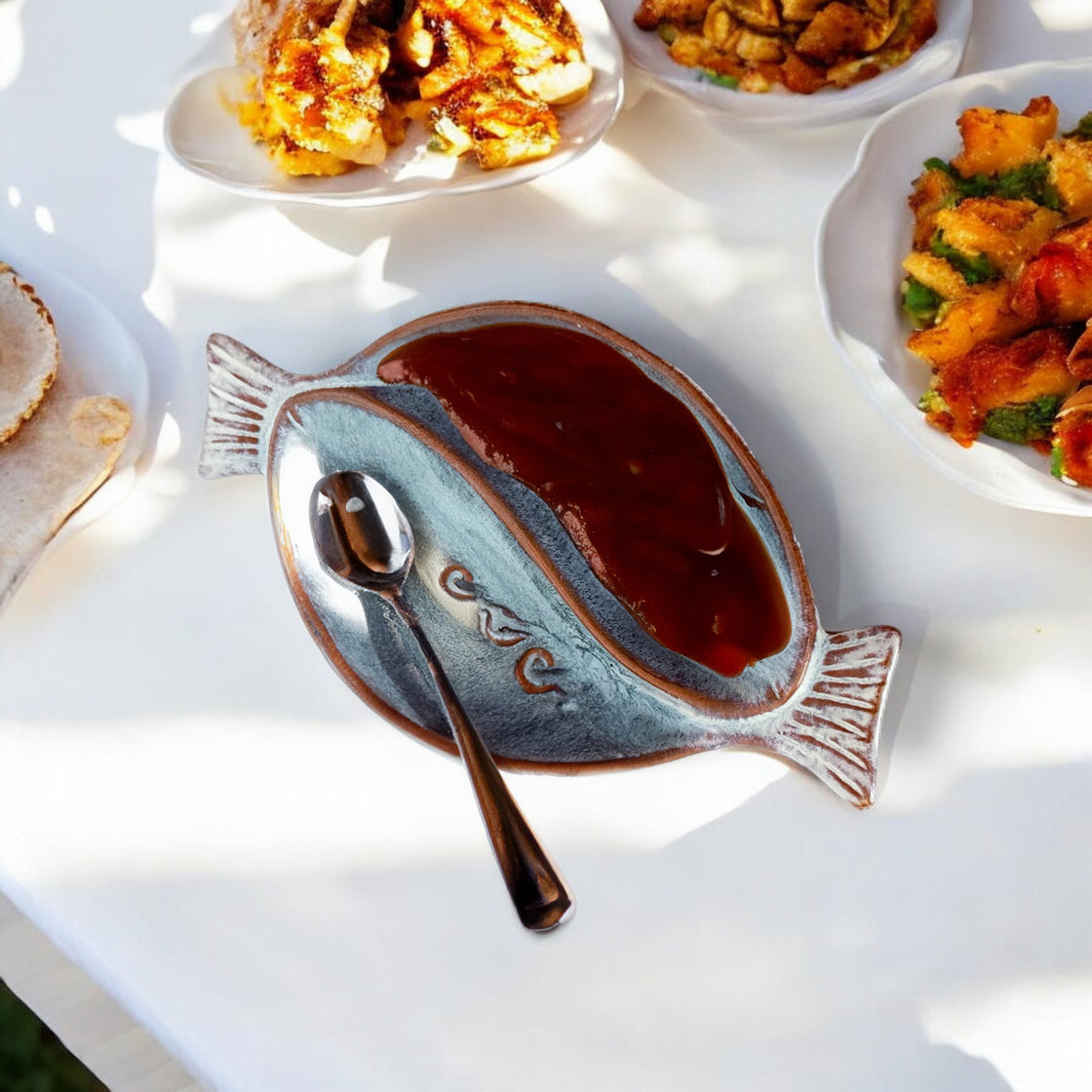 Dual fish-shaped ceramic bowl filled with a rich sauce and a serving spoon, placed on an outdoor dining table.