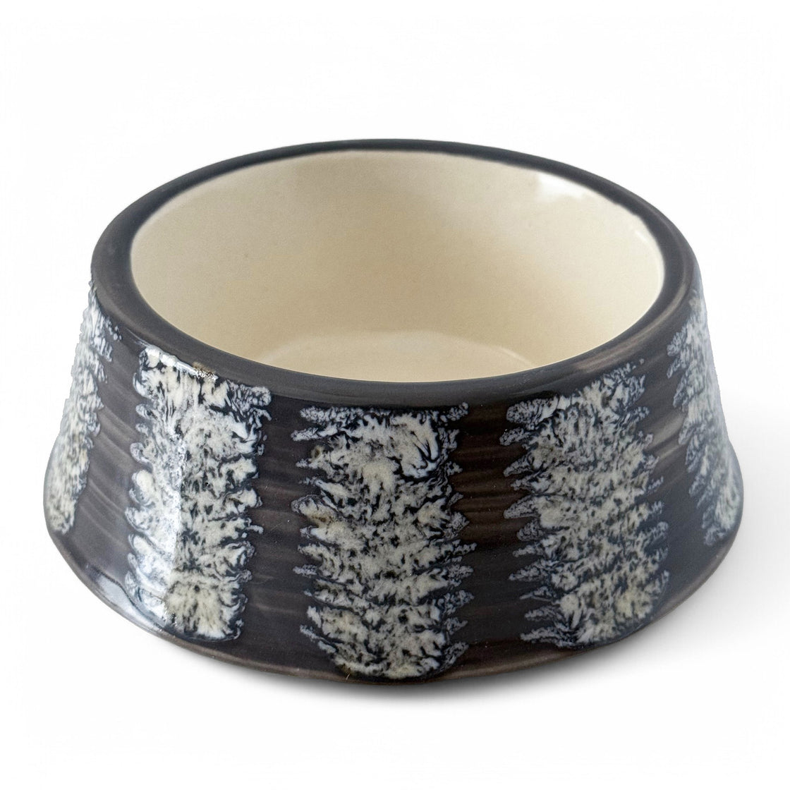 A standalone handcrafted rengöra gray ceramic dog bowl with a unique white glaze pattern, photographed against a white background to highlight its design.