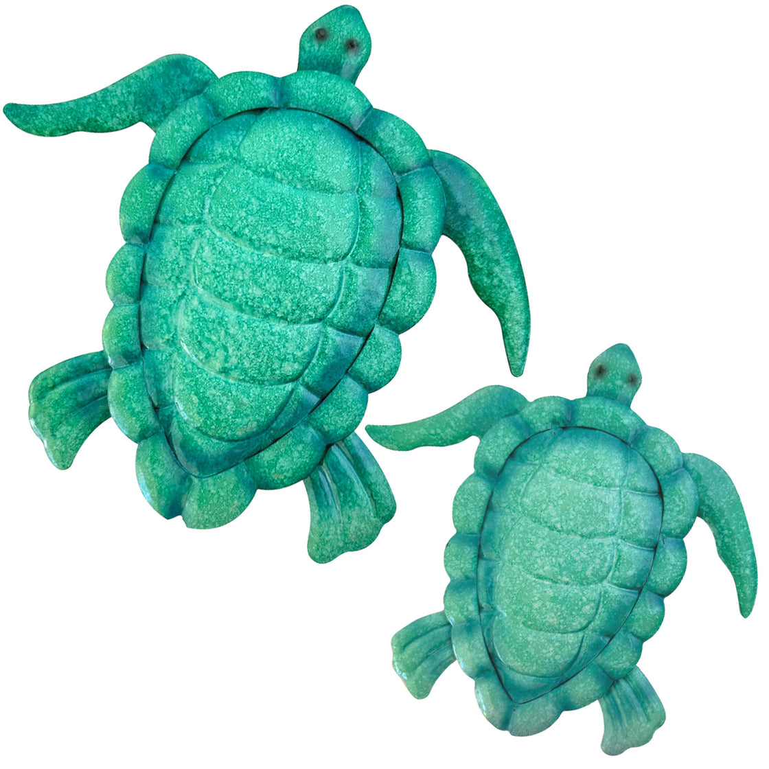 Isolated view of the two green sea turtle wall hangings with vibrant enamel texture on a white background, showcasing the full product design.