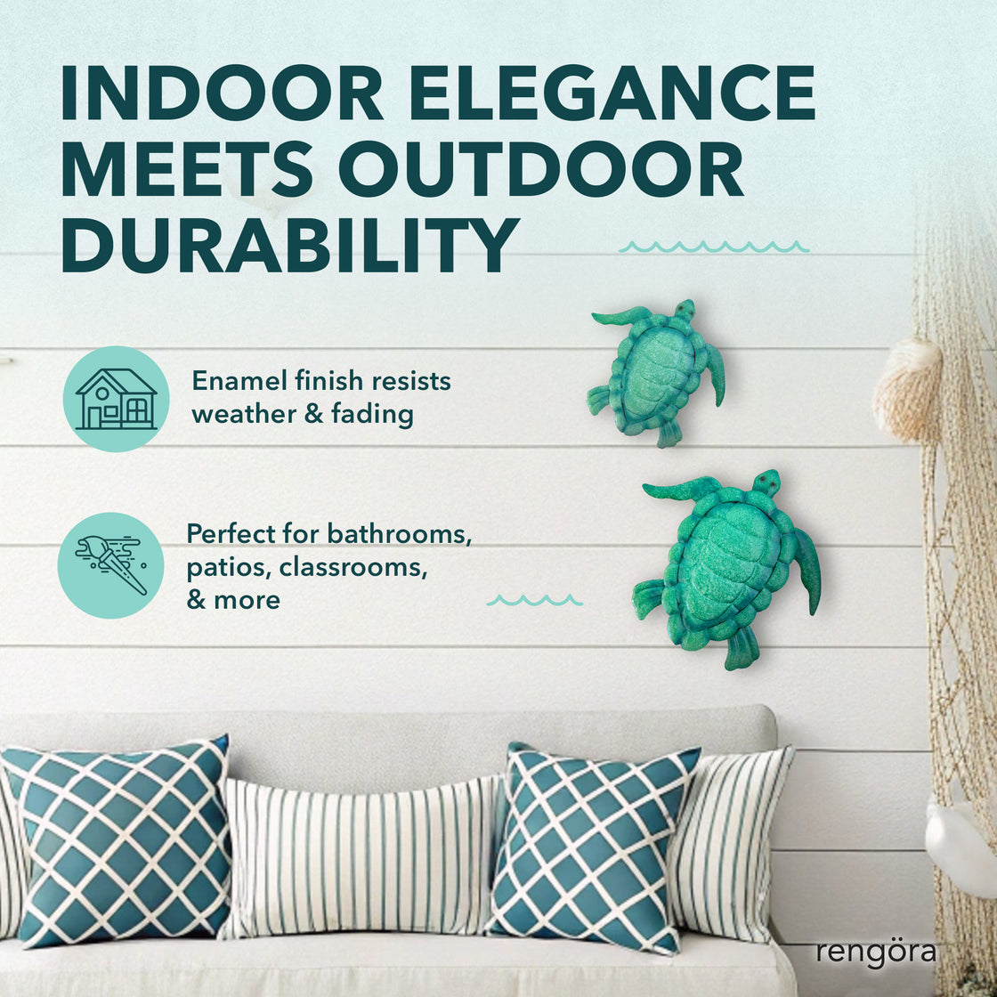 Mom and baby turtle wall art shown mounted on a cozy, coastal-style indoor wall above a sofa with blue patterned pillows. Text highlights “Indoor Elegance Meets Outdoor Durability.