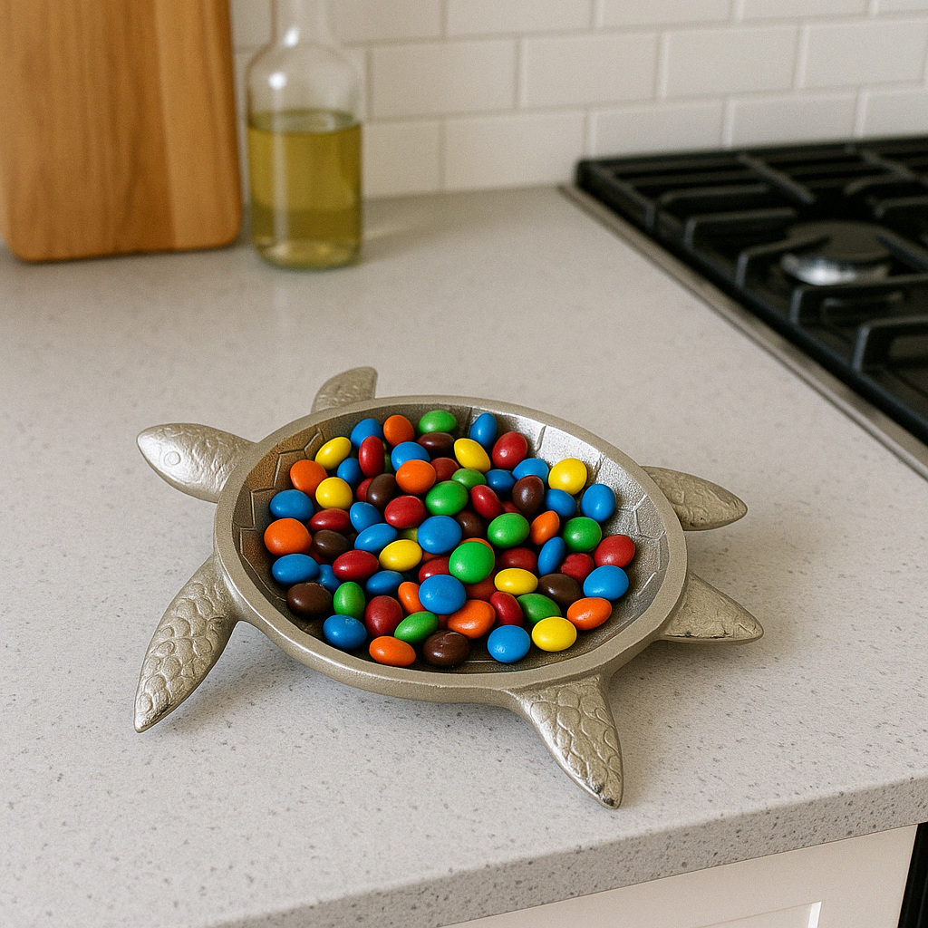 Stylish silver turtle-shaped dish filled with colorful chocolate candies, displayed on a minimalist kitchen countertop with a modern backsplash.