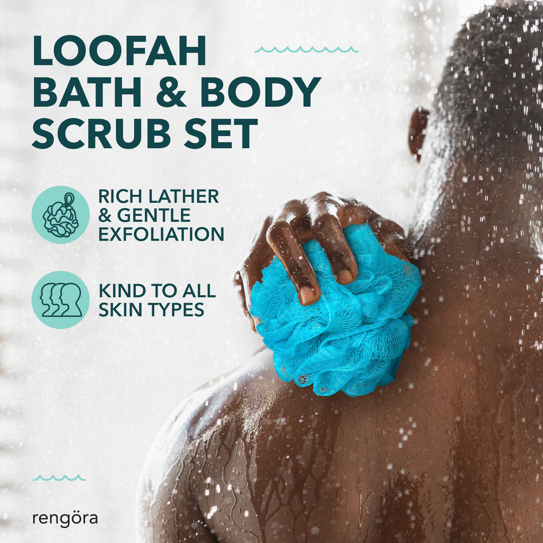 Person showering while using a blue Rengöra loofah on their back, with text highlighting rich lather, gentle exfoliation, and skin-friendly design.