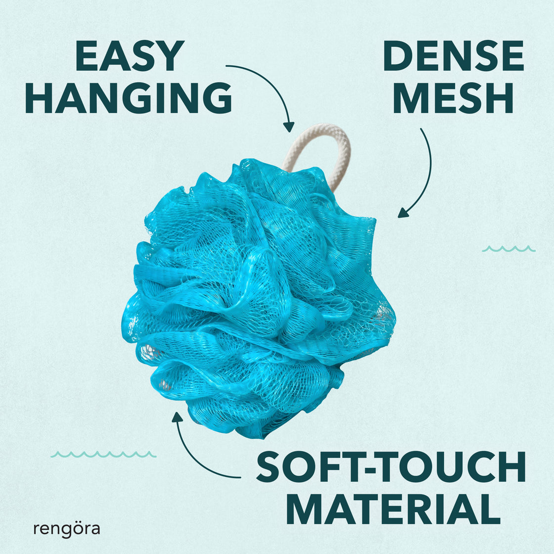 Blue Rengöra loofah with arrows pointing out product features: easy hanging loop, dense mesh, and soft-touch material.