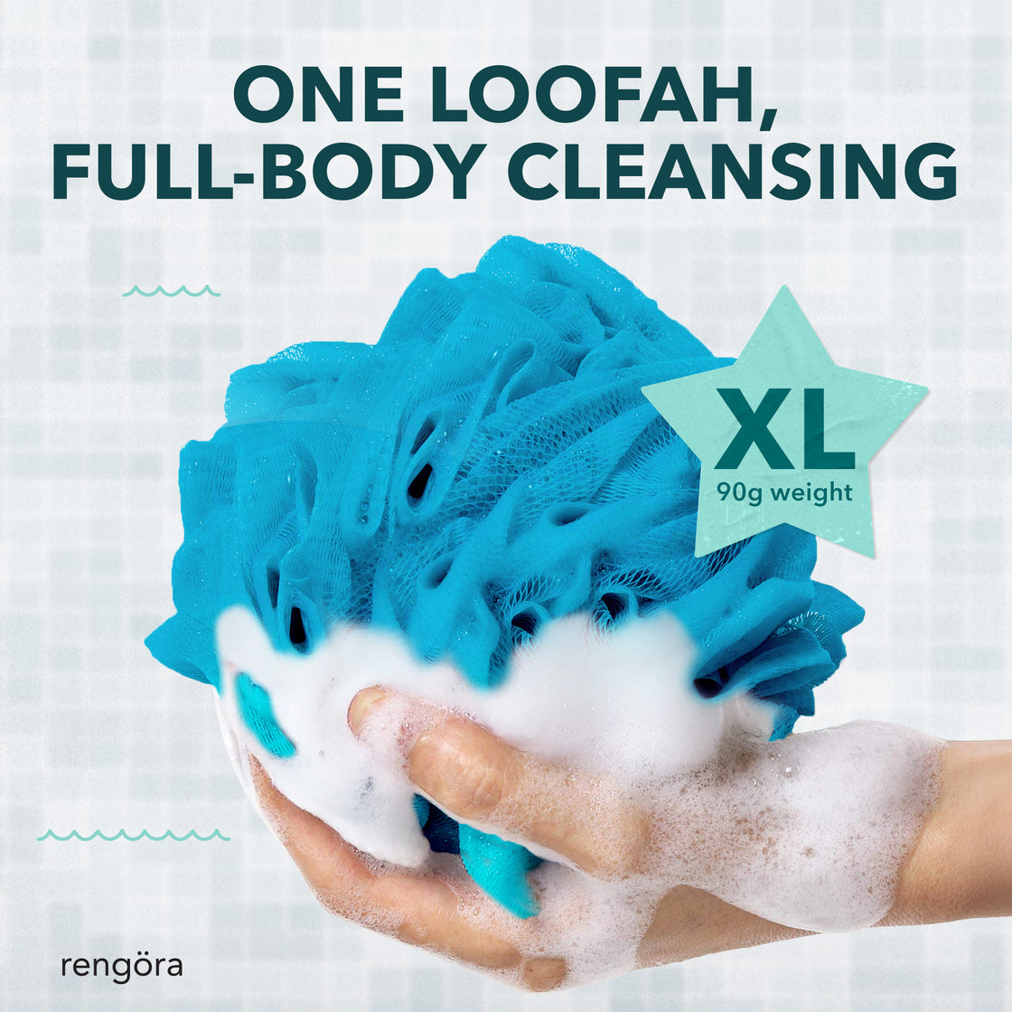 Large blue Rengöra loofah covered in soap suds, held in one hand, with text “One Loofah, Full-Body Cleansing – XL 90g weight.
