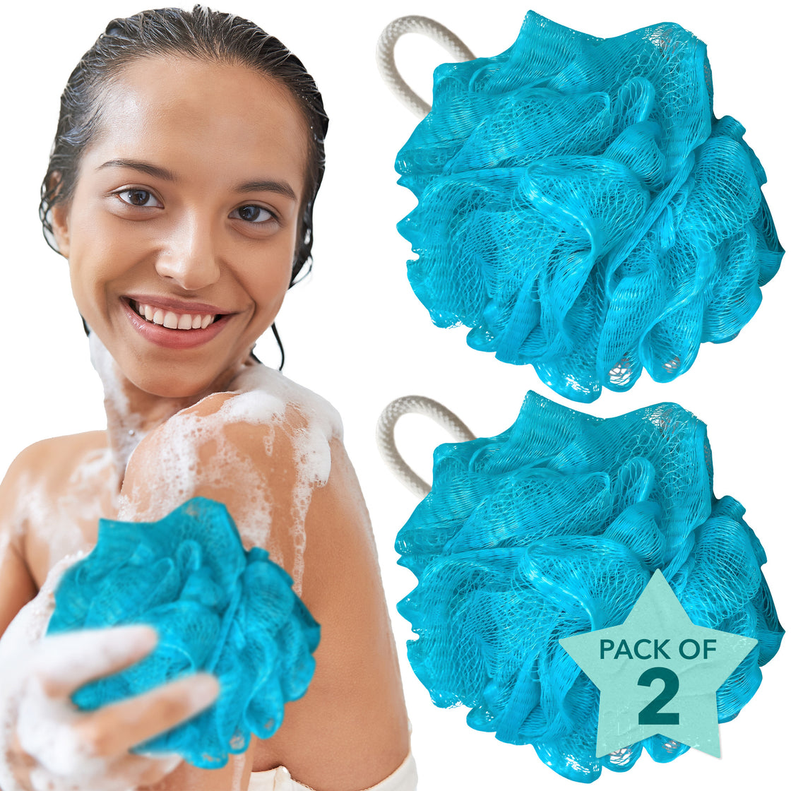 Smiling woman using a blue Rengöra loofah during a bubble-filled shower.