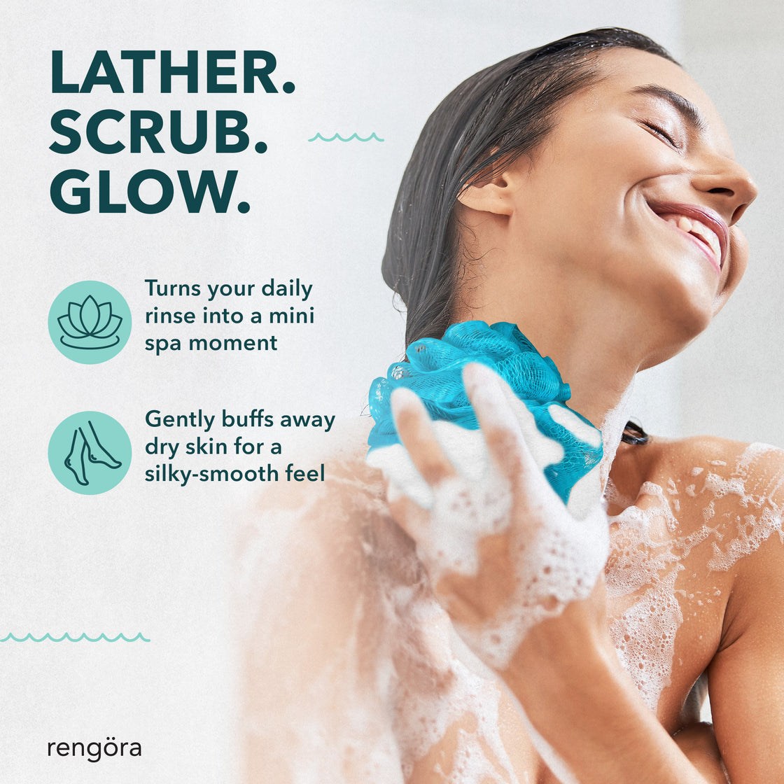 Smiling woman enjoying a shower while using a vibrant blue Rengöra loofah, surrounded by lather, with text highlighting spa-like experience and skin-smoothing benefits.