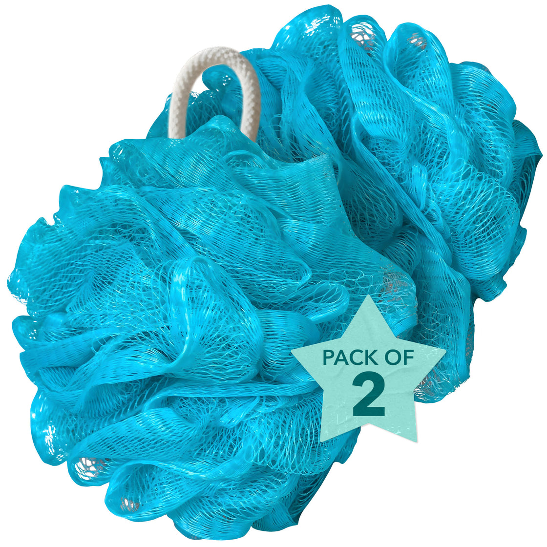 Close-up of a bright blue mesh Rengöra loofah with a white hanging loop.