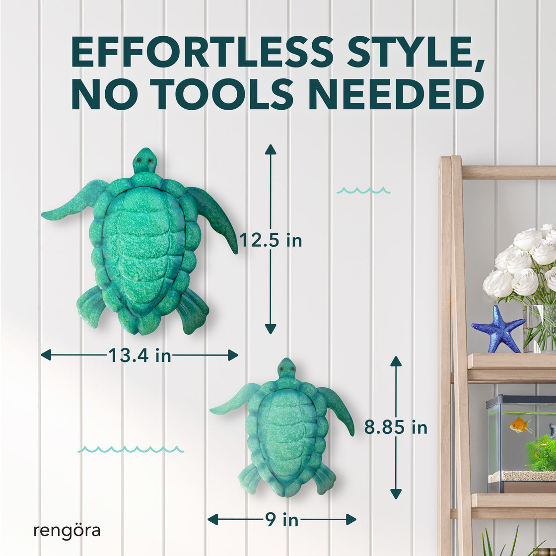 Sea turtle wall decor displayed on white paneling with clear product dimensions: 13.4 x 12.5 inches for the larger turtle and 9 x 8.85 inches for the smaller, emphasizing “Effortless Style, No Tools Needed.