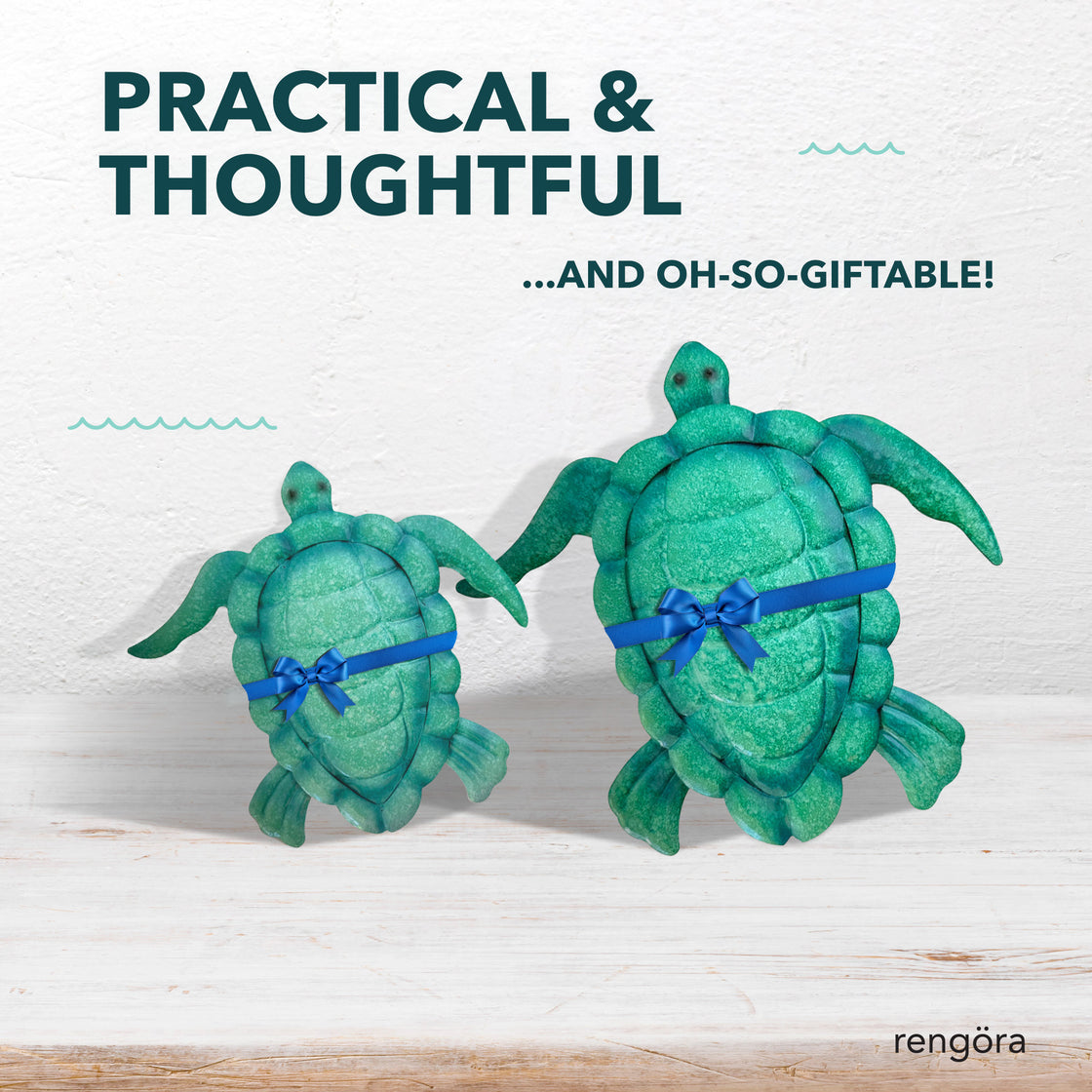 Two green sea turtle wall art pieces with blue ribbon bows, placed against a light background, with text that reads “Practical & Thoughtful… and oh-so-giftable!