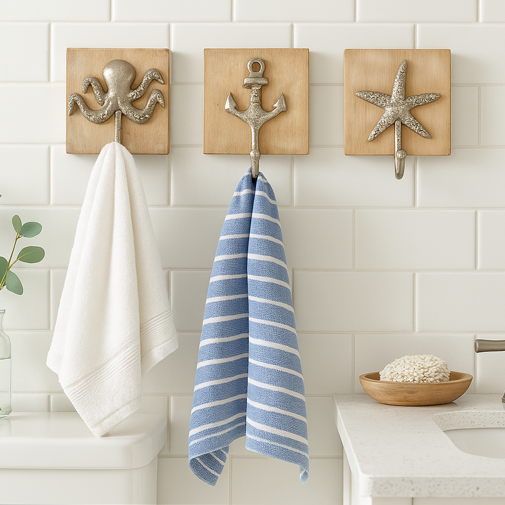 Set of three nautical towel hooks—octopus, anchor, and starfish—each mounted on wood backplates, holding towels in a bright bathroom.