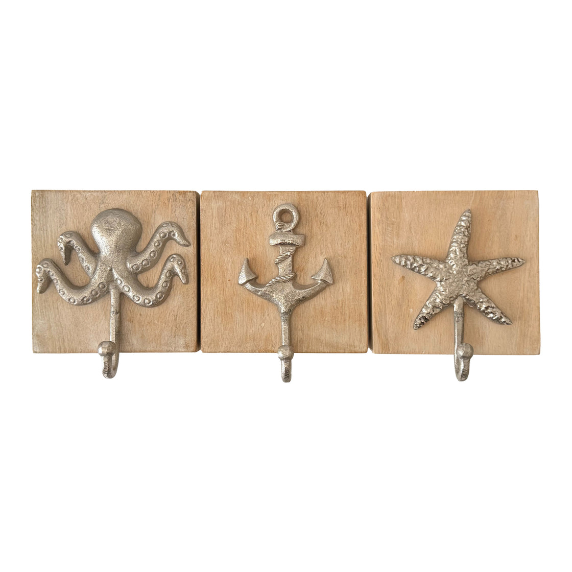 Isolated image of the full nautical hook collection—octopus, anchor, and starfish—side by side on wood backplates.