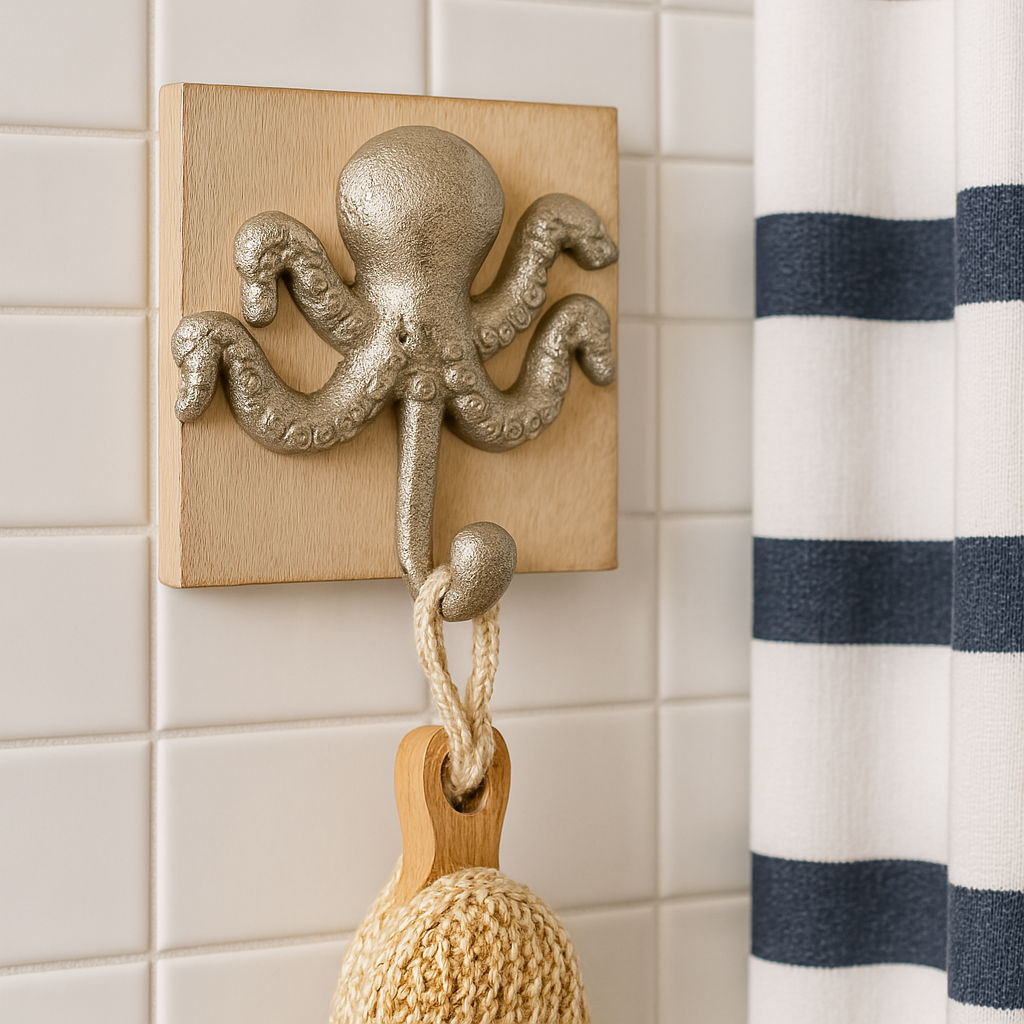 Close-up of an octopus hook mounted on white tile, holding a knitted bath brush.
