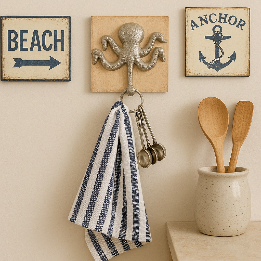 Octopus wall hook used in a beach-themed kitchen holding striped towel and metal measuring spoons.