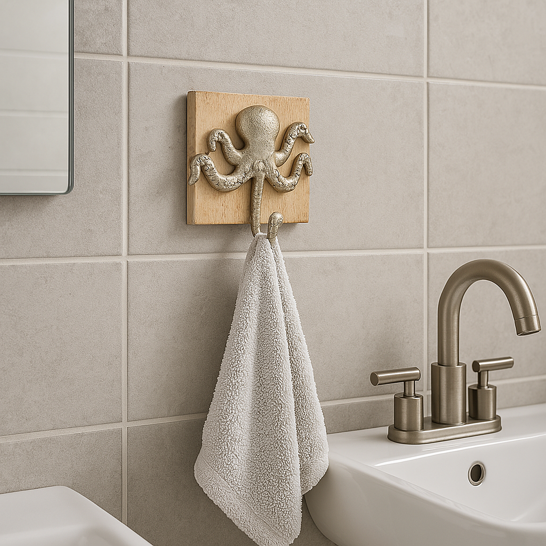Octopus-shaped wall hook holding a grey towel beside a sink with beige tiles.
