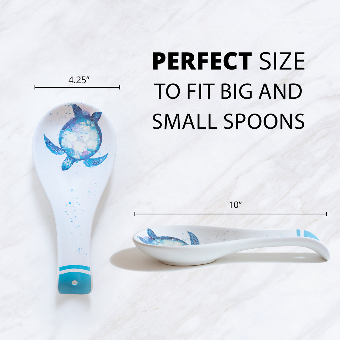 The rengöra Sea Turtle Spoon Rest, measuring 10 inches in length and 4.25 inches in width, provides ample space for your kitchen utensils while adding a touch of aquatic elegance