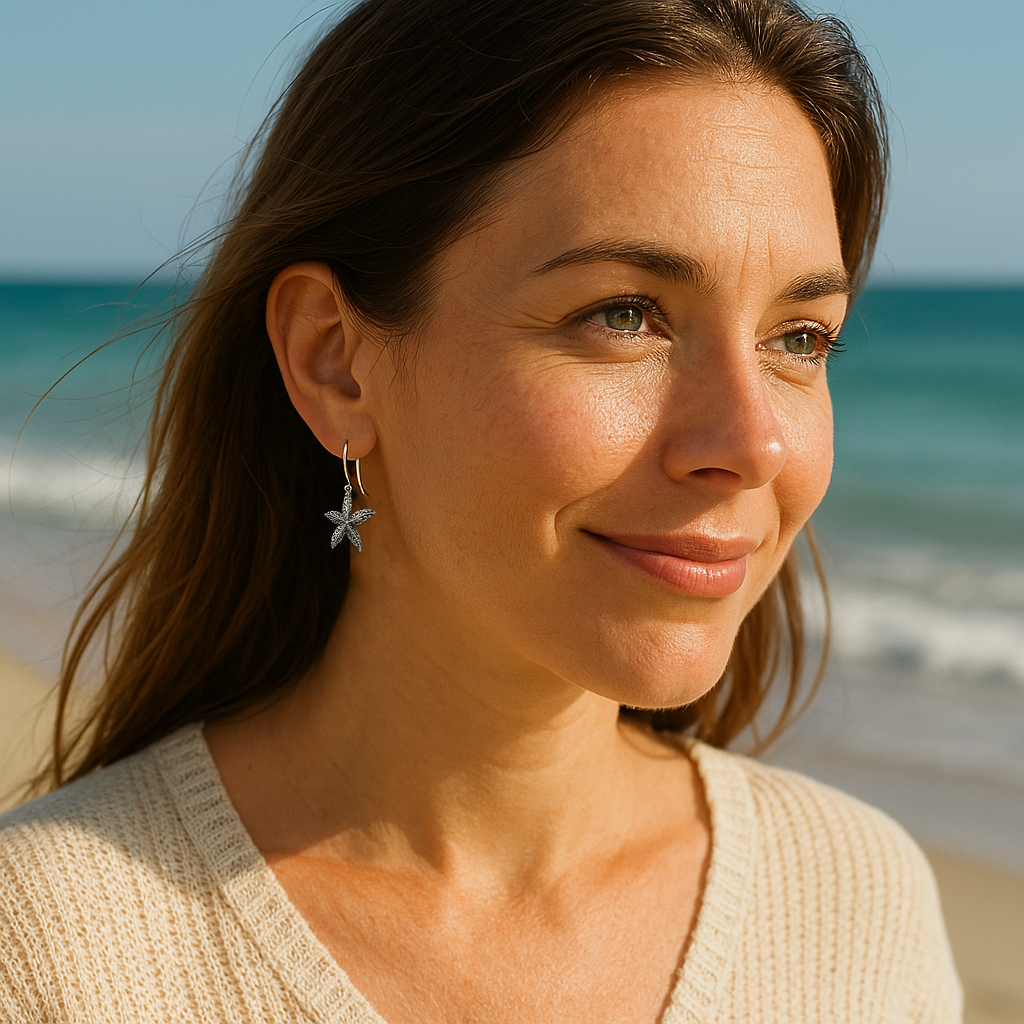 Close-up of a woman wearing a silver starfish earring, smiling softly while standing on the beach with the ocean in the background.