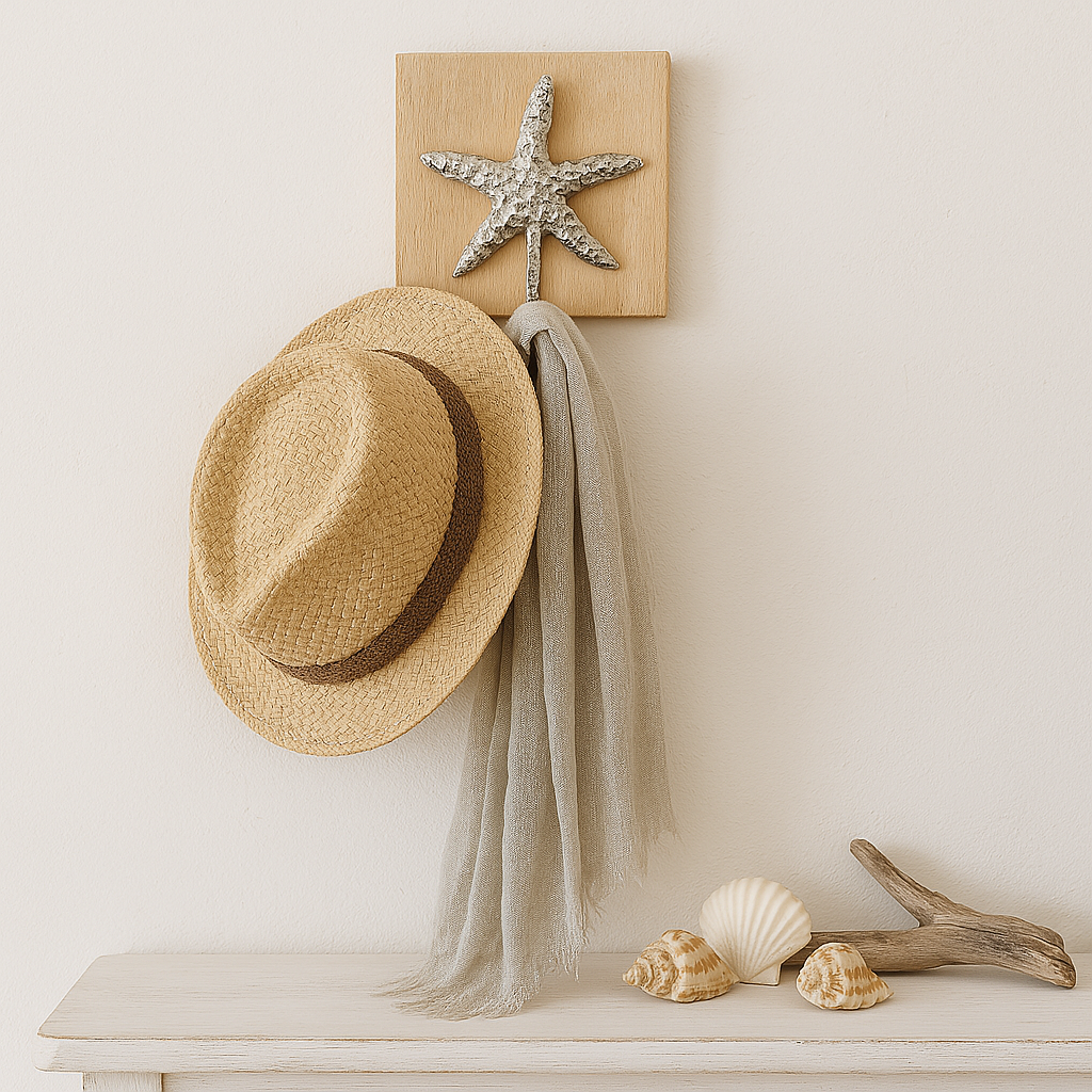 Starfish wall hook holding a straw hat and linen scarf with seashells and driftwood below.